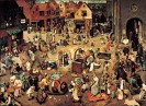 Bildbschreibung: Zu sehen ist eine Abbildung des Gem&auml;ldes &quot;Kampf des Karneval gegen die Fasten&quot; von Pieter Brueghel dem &Auml;lteren. Das Gem&auml;le zeigt einen Dorfplatz mit vielen Menschen, darunter auch die Allegorie des Fastens und des Karnevals. W&auml;hrend der Karneval auf einem Fass reitet und gebratene H&uuml;hner verschlingt, wird die Fasten in einer Kutte &uuml;ber den Dorfplatz gezogen. Das Bild ist sehr wuselig, die Menschen gehen alle verschiedenen T&auml;tigkeiten nach, die man als lasterhaft bezeichnen kann. In der rechten Bildecke ist ein Kirchenportal zu sehen, hier heraus kommt eine Prozession, diese bildet den Gegenpol zu den feiernden und lasterhaften Figuren im Bild.
